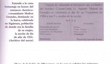 Menú de la cena homenaje organizada en Sigüenza a Muñoz Grandes después de su campaña en Alhucemas, en el norte de África.